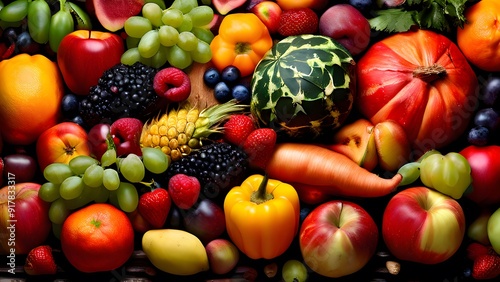 Pile of fruits on a table on a black background