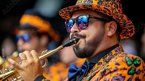 A Halloween-themed jazz concert with musicians in themed costumes. photo