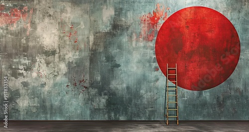 A ladder leans against a large, red circle painted on a textured wall. A symbol of ambition, reaching goals, or overcoming obstacles.