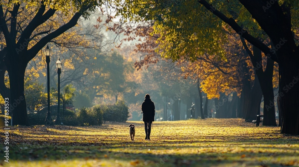 Silhouette of a Person Walking with a Dog in an Autumn Park Silhouette of a Person Walking with a Dog in an Autumn Park