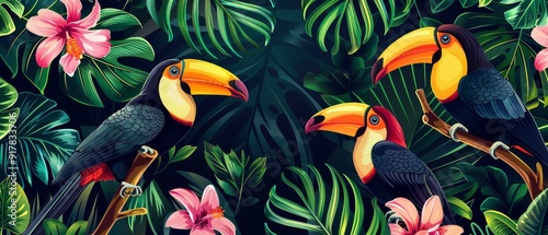 Tropical seamless pattern with exotic birds