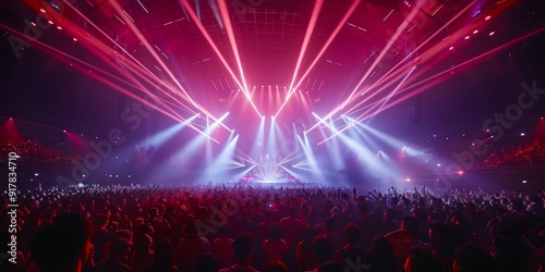 Full concert venue with an energetic crowd, dynamic stage lights, and an exciting atmosphere, perfect for showcasing the essence of a live music performance