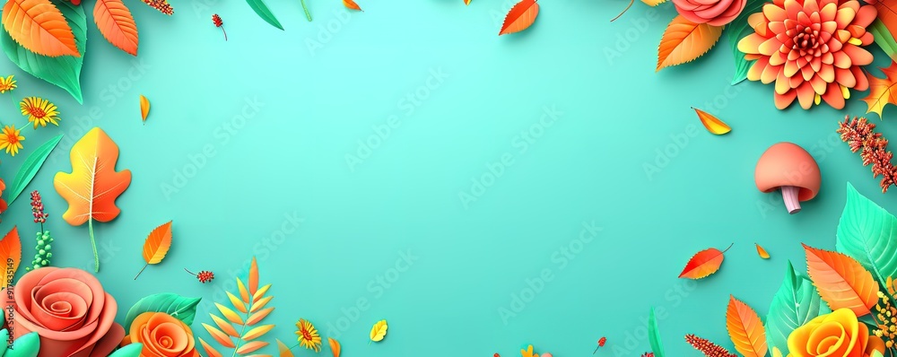 Autumn leaves and flowers in paper cut style frame on a teal background. Ideal for autumn, fall, Thanksgiving, and nature themed projects. Autumn leaves and flowers in paper cut style frame on a teal background. Ideal for autumn, fall, Thanksgiving, and nature themed projects.