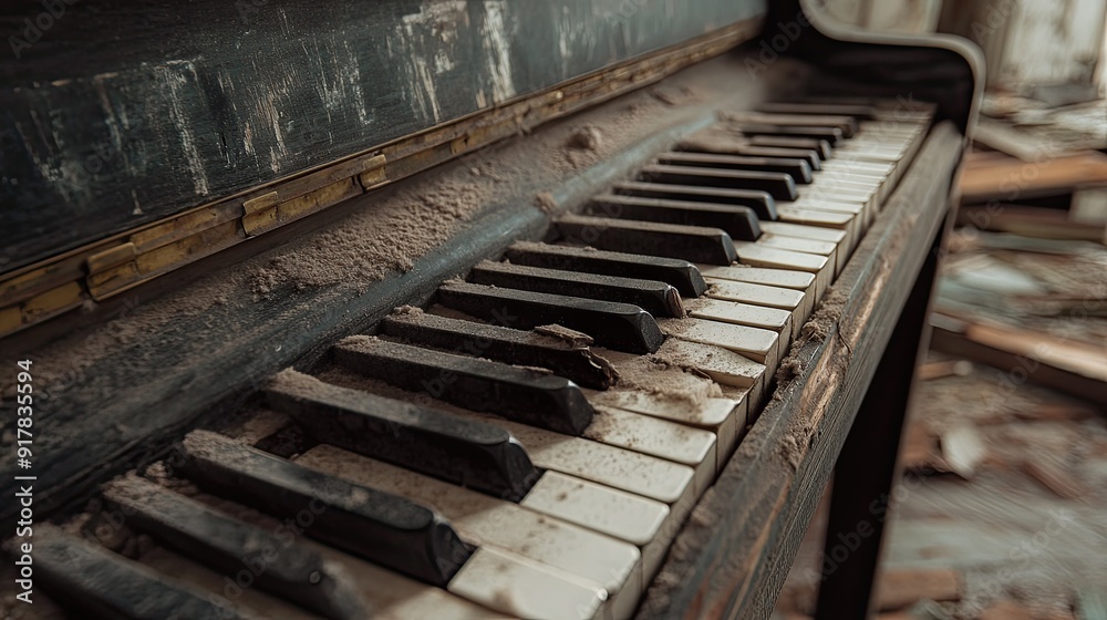 Close-up of an old piano, its keys broken and covered in dust, reflecting years of abandonment. Close-up of an old piano, its keys broken and covered in dust, reflecting years of abandonment.
