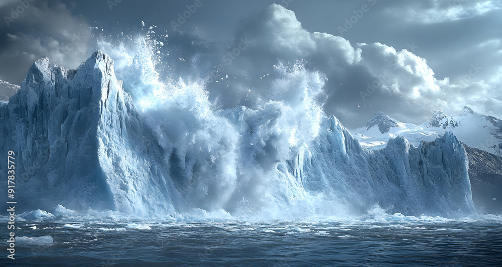 Massive Glacier Breaking Off and Crashing into the Ocean, Depicting the Dramatic Impact of Climate Change and Global Warming, Highlighting the Fragility of Earth's Ice Caps and the Urgency of Environm Massive Glacier Breaking Off and Crashing into the Ocean, Depicting the Dramatic Impact of Climate Change and Global Warming, Highlighting the Fragility of Earth's Ice Caps and the Urgency of Environm