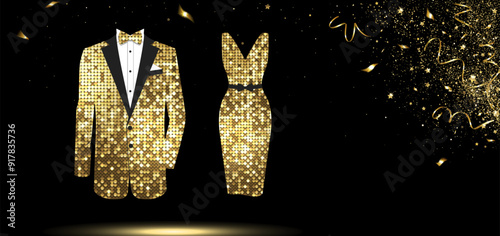 Gold Tuxedo and Gold Evening Dress with Gold Confetti