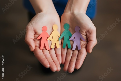 Parents and kid holding paper cutout of family in hands at turquoise wooden table, top view 