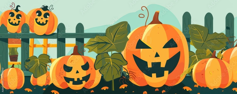 Halloween gardening, spooky pumpkin patch, flat design illustration Halloween gardening, spooky pumpkin patch, flat design illustration