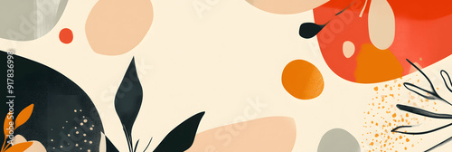 Abstract banner with mix of geometric forms and organic shapes in autumnal colors, muted tones, open space for text on the right