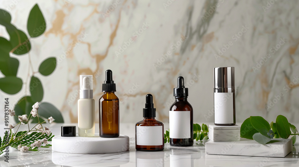 Mockup de cosméticos naturales en un baño con decoración moderna y elegante Mockup de cosméticos naturales en un baño con decoración moderna y elegante