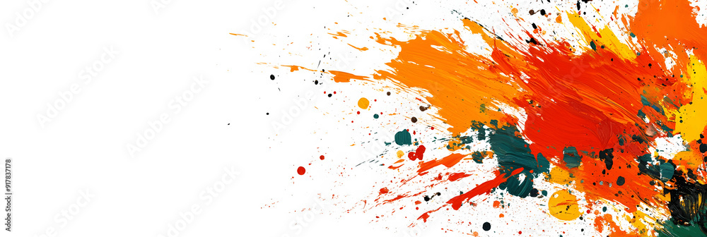 Abstract banner with splashes of vibrant fall colors on white canvas, dynamic brush strokes, open space for text on the left Abstract banner with splashes of vibrant fall colors on white canvas, dynamic brush strokes, open space for text on the left