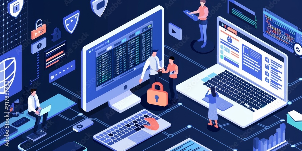 Scene of cybersecurity professionals engaged in assessments, reviewing security measures, detecting weaknesses, and applying enhancements to protect against cyber threats Scene of cybersecurity professionals engaged in assessments, reviewing security measures, detecting weaknesses, and applying enhancements to protect against cyber threats