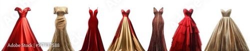 red and gold evening gowns, white background, different styles of dress, different shapes, full body, flat view, different colors of the skirt, simple shape, different textures on fabric 