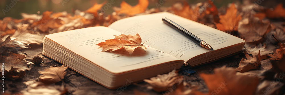 Art banner with open sketchbook, pencil sketch of autumn leaves, warm background, and copy space for text Art banner with open sketchbook, pencil sketch of autumn leaves, warm background, and copy space for text