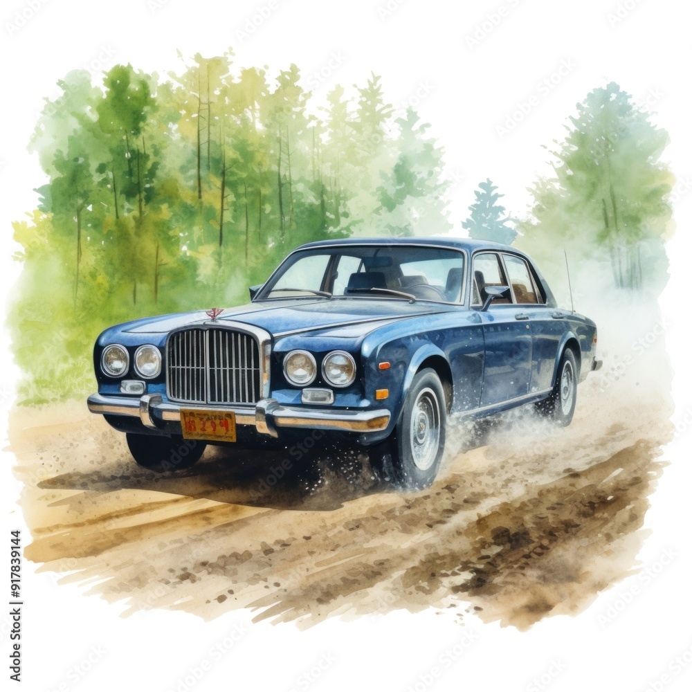 Classic Blue Car on Dusty Road Near Forest - Watercolor Illustration of Vintage Vehicle Classic Blue Car on Dusty Road Near Forest - Watercolor Illustration of Vintage Vehicle