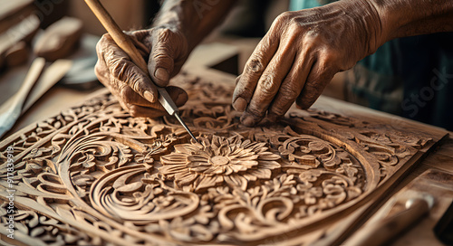 Intricate Carving by an Artist's Hands: A Close-Up View of Detailed Craftsmanship in Wood, Highlighting Artistic Skill, Precision, and the Timeless Art of Hand-Carving Techniques