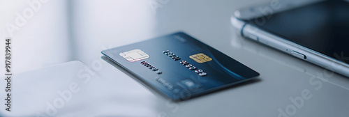 Finance banner with credit card and smartphone on sleek desk, soft lighting, copy space at top