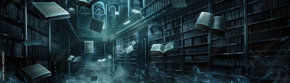 Haunted library, floating books, dim light, gothic horror style, dark shades, digital painting, empty space on right for details