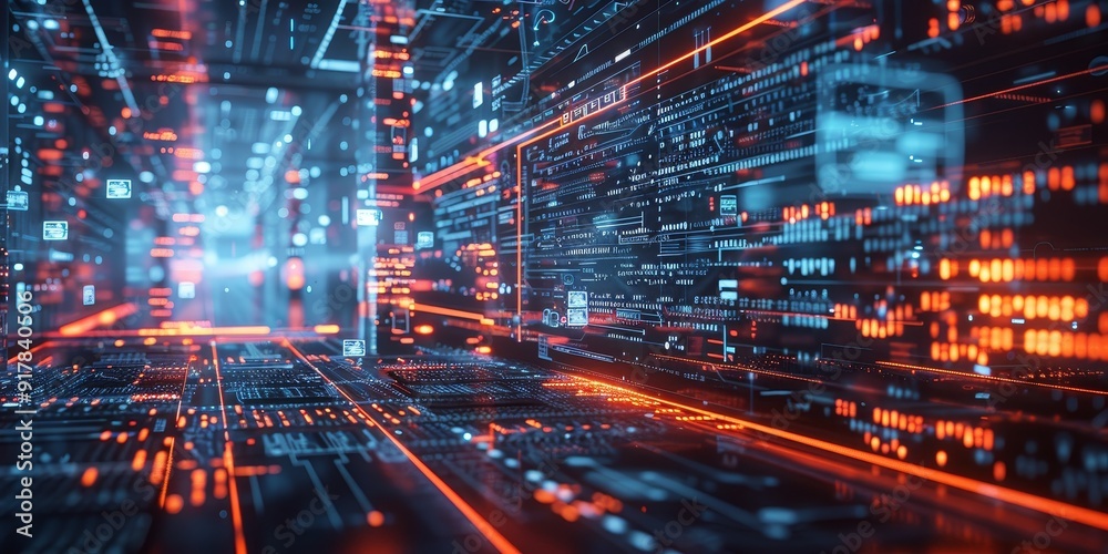 Dynamic depiction of data packets navigating through a secure network, with a prominent firewall system in place, showcasing advanced cybersecurity measures Dynamic depiction of data packets navigating through a secure network, with a prominent firewall system in place, showcasing advanced cybersecurity measures