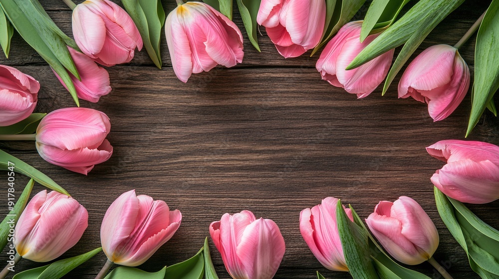 frame for march 8 center is empty blank copy space surrounded by pink tulips frame for march 8 center is empty blank copy space surrounded by pink tulips