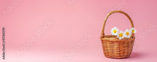 A wicker basket with daisies sits on a pink background. The basket has a handle and is made of woven wicker. The daisies are white with yellow centers.