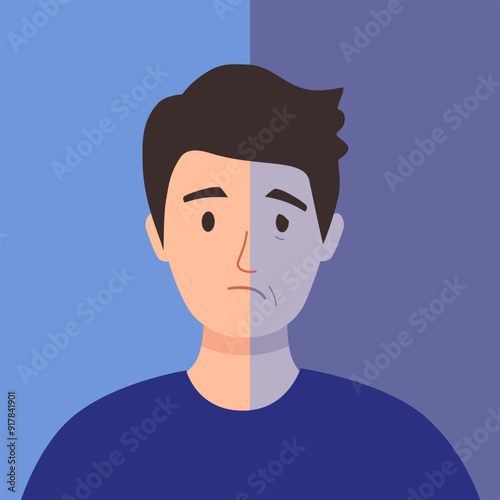 Facial palsy. Male character with asymmetrical face, nerve damage. Drooping smile.