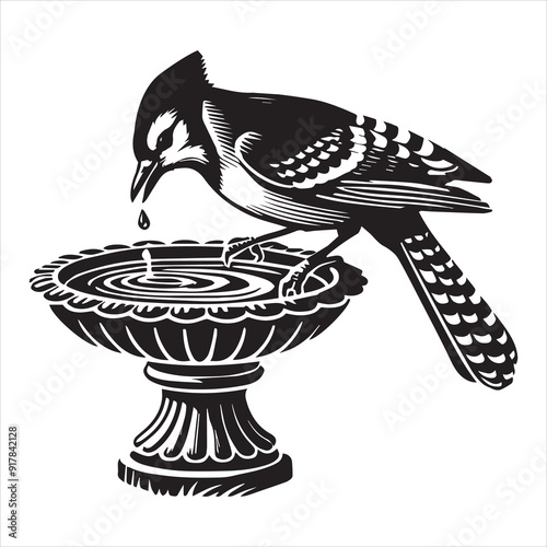 Blue jay Bird Clipart, Cyanocitta cristata silhouette, Blue jay illustration in black and white