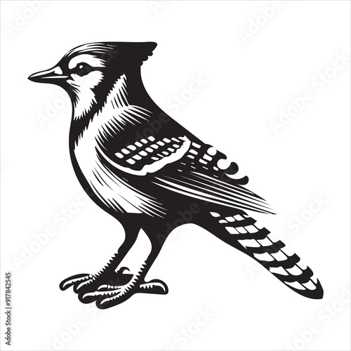 Blue jay Bird Clipart, Cyanocitta cristata silhouette, Blue jay illustration in black and white