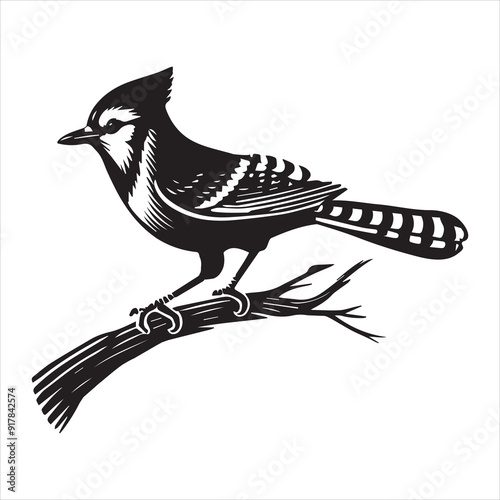 Blue jay Bird Clipart, Cyanocitta cristata silhouette, Blue jay illustration in black and white