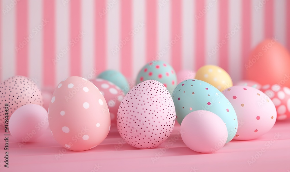 Colorful Easter eggs with polka dots on a pink and white striped background. Colorful Easter eggs with polka dots on a pink and white striped background.