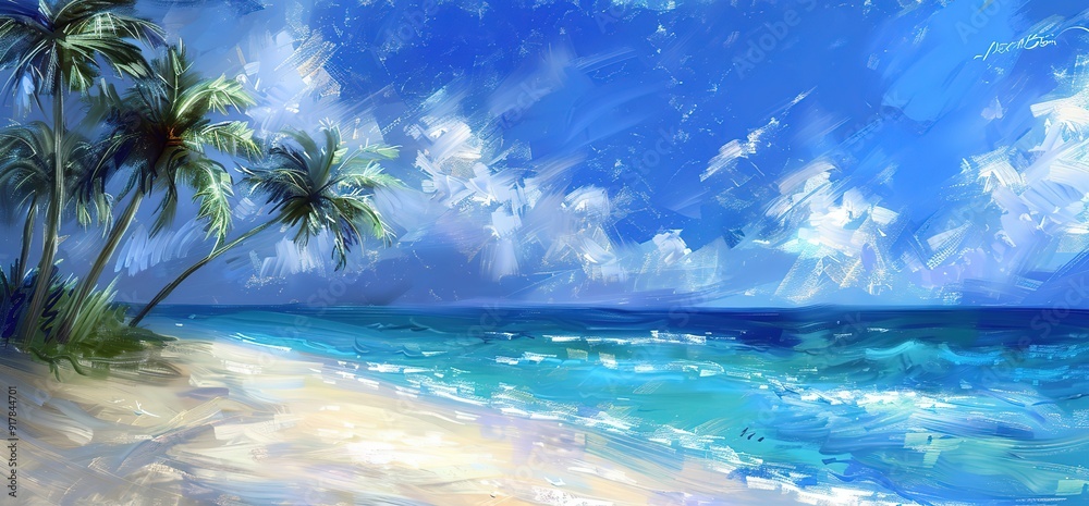 Fototapeta premium A picturesque painting depicting a tropical beach with palm trees, white sand, and turquoise waters under a clear blue sky with fluffy clouds. Perfect for a relaxing vacation.
