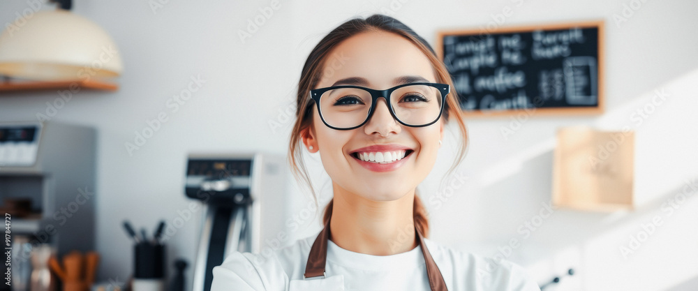 Portrait of a smiling barista with glasses Portrait of a smiling barista with glasses
