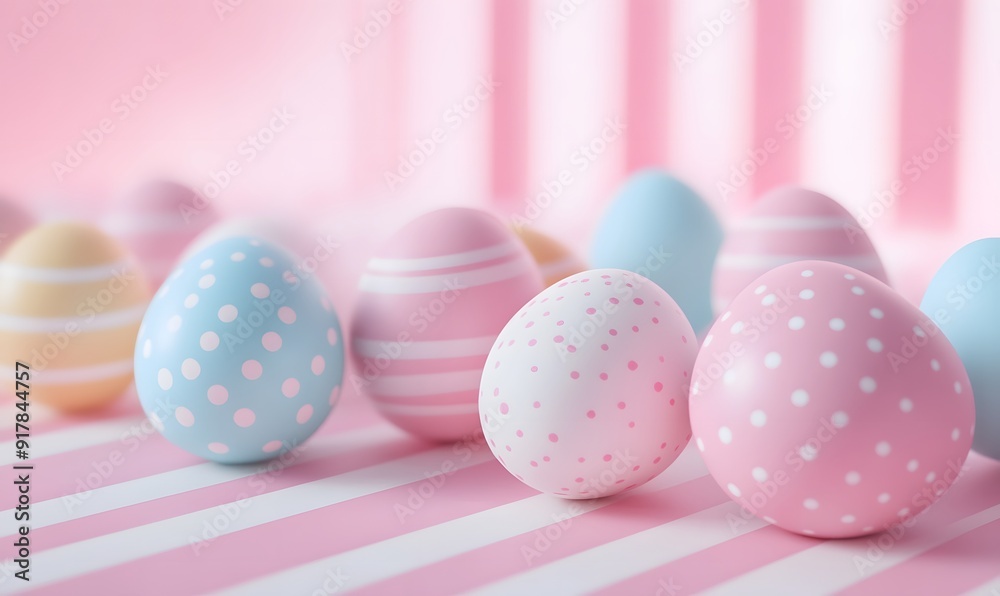 Easter eggs in pink and blue polka dot and stripe designs on a pink and white striped background. Easter eggs in pink and blue polka dot and stripe designs on a pink and white striped background.