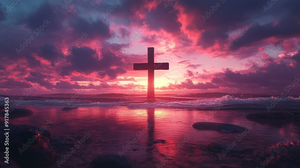 Wooden cross on beach during sunset with ocean waves and dramatic sky Generative AI Wooden cross on beach during sunset with ocean waves and dramatic sky Generative AI