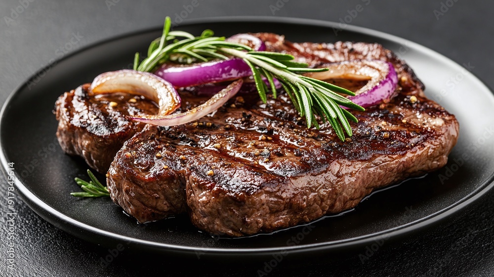 grilled ribeye beef steak with rosemary and marinated onion on a black plate grilled ribeye beef steak with rosemary and marinated onion on a black plate