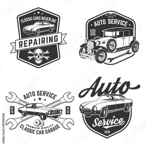 Set of auto service logo, emblems, badges and icons. Vector. Service car repair, restoration and car club design elements.
