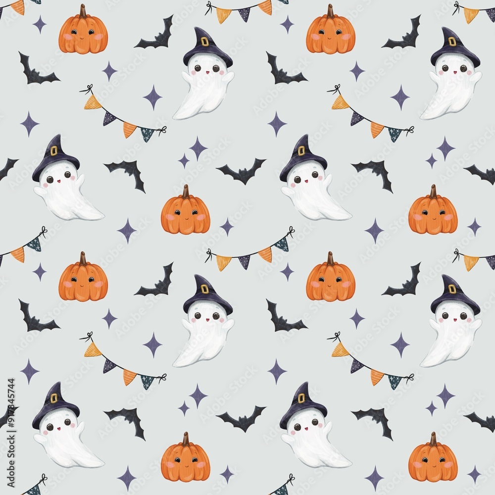 Cute Halloween seamless pattern, cartoon style on colour background Cute Halloween seamless pattern, cartoon style on colour background