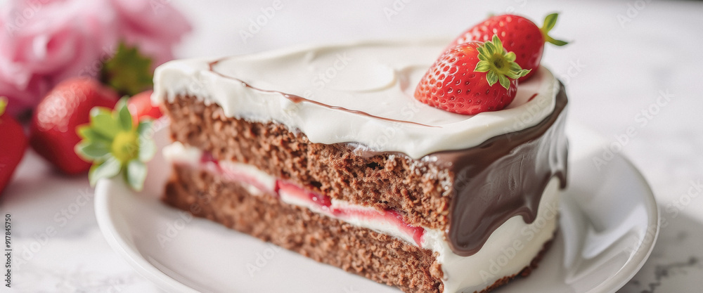 Chocolate Cake with Strawberry Topping on a White Plate Chocolate Cake with Strawberry Topping on a White Plate