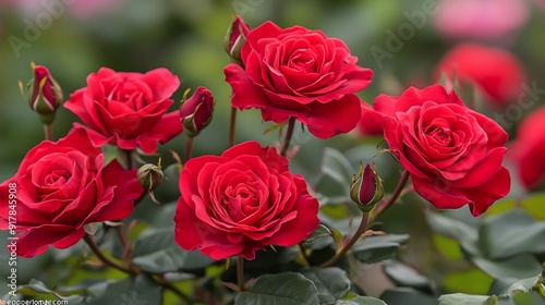 Fototapeta Naklejka Na Ścianę i Meble -  lovely red roses adorning a rose bush and gathered into a stunning bouquet of red blooms