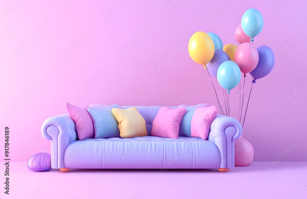 Purple couch with colorful balloons and pillows on pink background. Purple couch with colorful balloons and pillows on pink background.