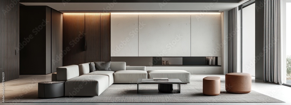 Modern Living Room with a Large Sectional Sofa, Coffee Table, and Two Ottomans Modern Living Room with a Large Sectional Sofa, Coffee Table, and Two Ottomans