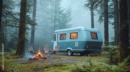 retro blue rv camper parked in misty forest clearing campfire and chairs awaiting adventure