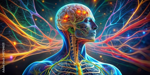 Vibrant illustration of the human central nervous system, showcasing the brain, spinal cord, and nerve networks in intricate detail, with colorful synapses and neural pathways. photo
