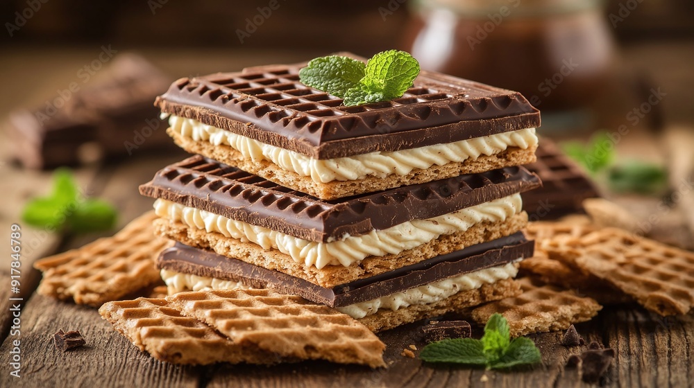 wafer biscuits with chocolate cream on wooden table