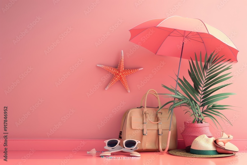 Summer vacation concept, Beach umbrella and travel accessories on yellow background, 3d illustration, Generative AI