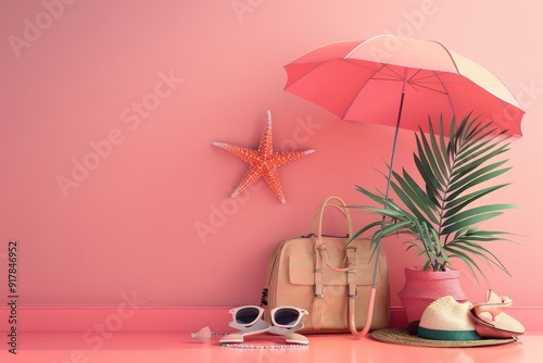 Obraz na płótnie Summer vacation concept, Beach umbrella and travel accessories on yellow background, 3d illustration, Generative AI w salonie