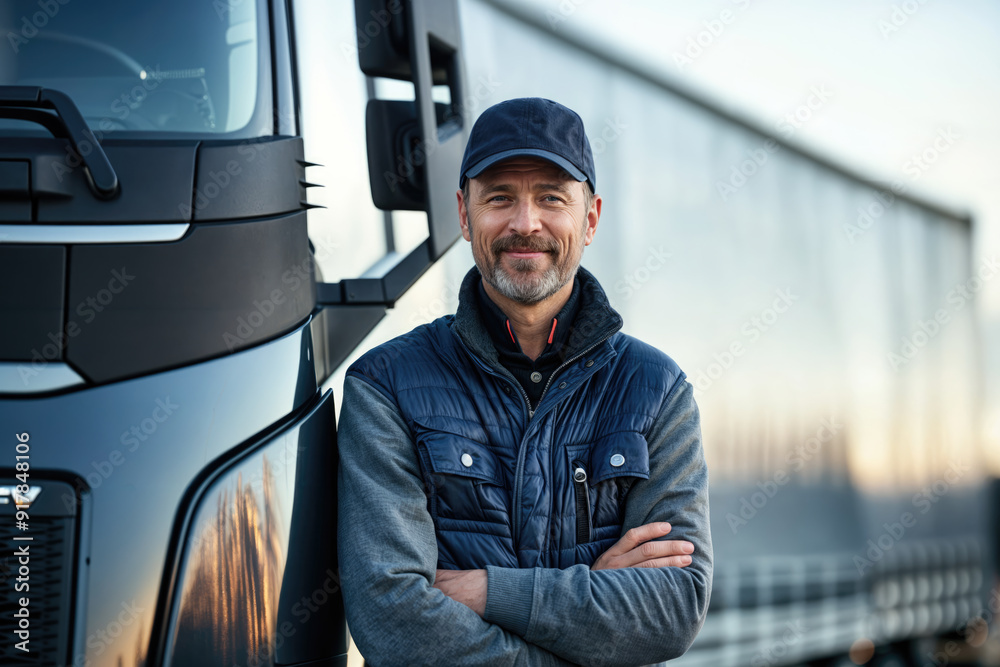 Proud truck driver smiling with arms crossed by semi truck Proud truck driver smiling with arms crossed by semi truck