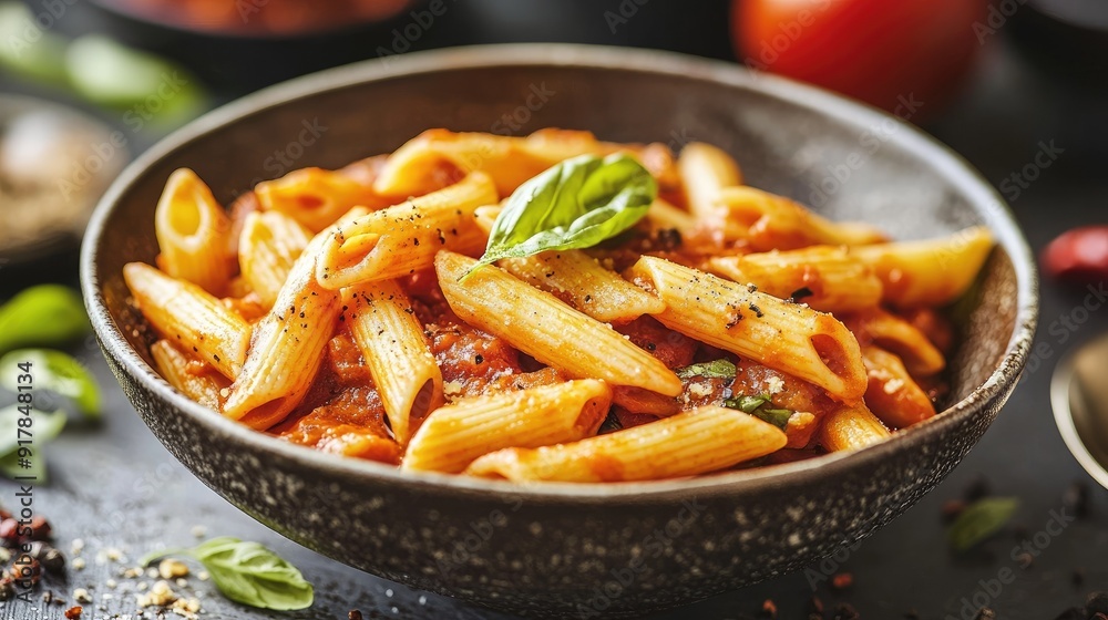 Penne Arrabiata served in a rustic bowl, showcasing the spicy tomato sauce and a hint of chili flakes. Penne Arrabiata served in a rustic bowl, showcasing the spicy tomato sauce and a hint of chili flakes.