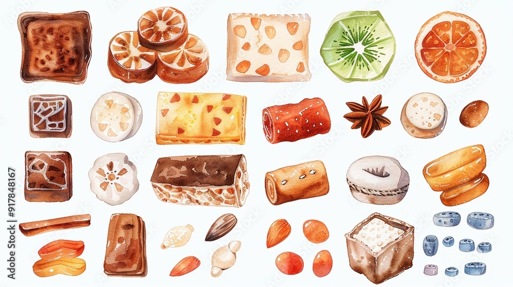 Yatsuhashi (cinnamon-flavored rice cakes) in various shapes and colors,Clipart, watercolor illustration, Perfect for nursery art The style is hand drawn, white background Yatsuhashi (cinnamon-flavored rice cakes) in various shapes and colors,Clipart, watercolor illustration, Perfect for nursery art The style is hand drawn, white background