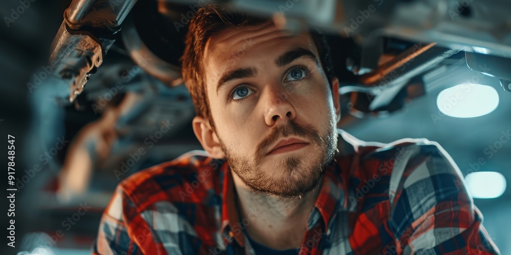 Close-up of a technician's face focused on inspecting a car's undercarriage, highlighting the importance of thorough checks for potential issues and maintenance needs